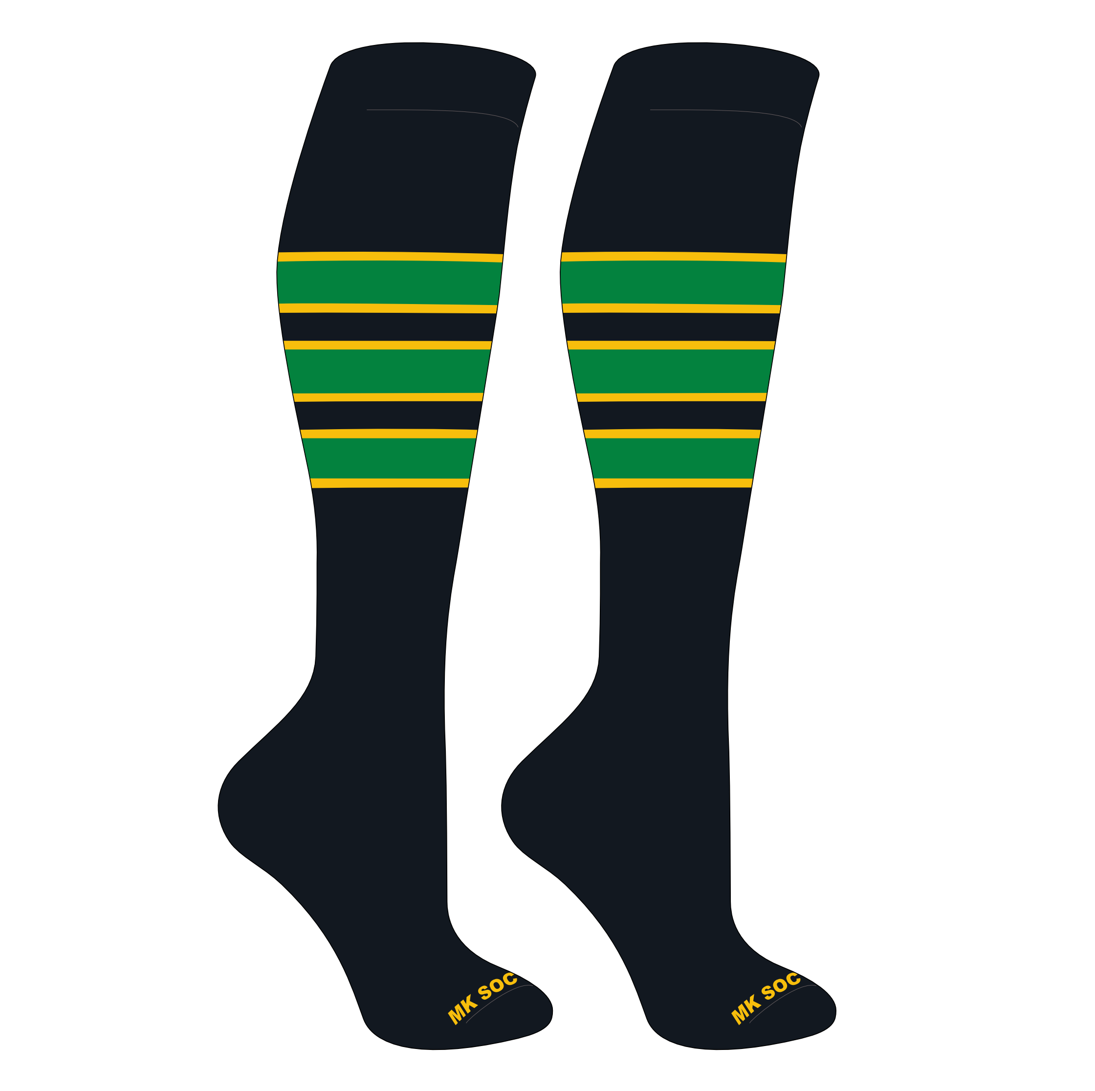 MK Socks Striped Knee High Baseball, Football Socks (C) Black, Gold, Kelly Green
