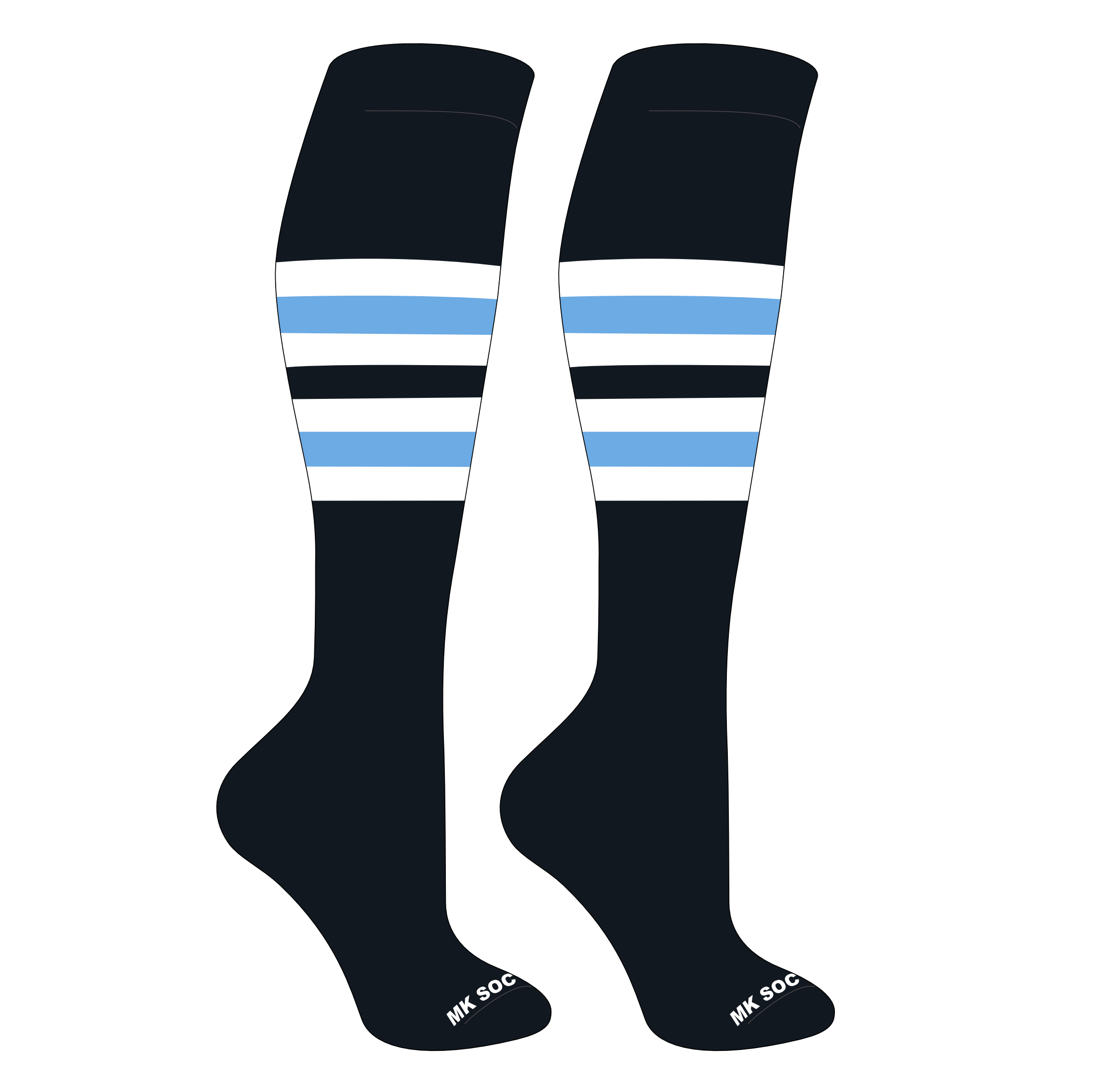 MK Socks Striped Knee High Baseball, Football Socks (F) Black, White, Columbia Blue
