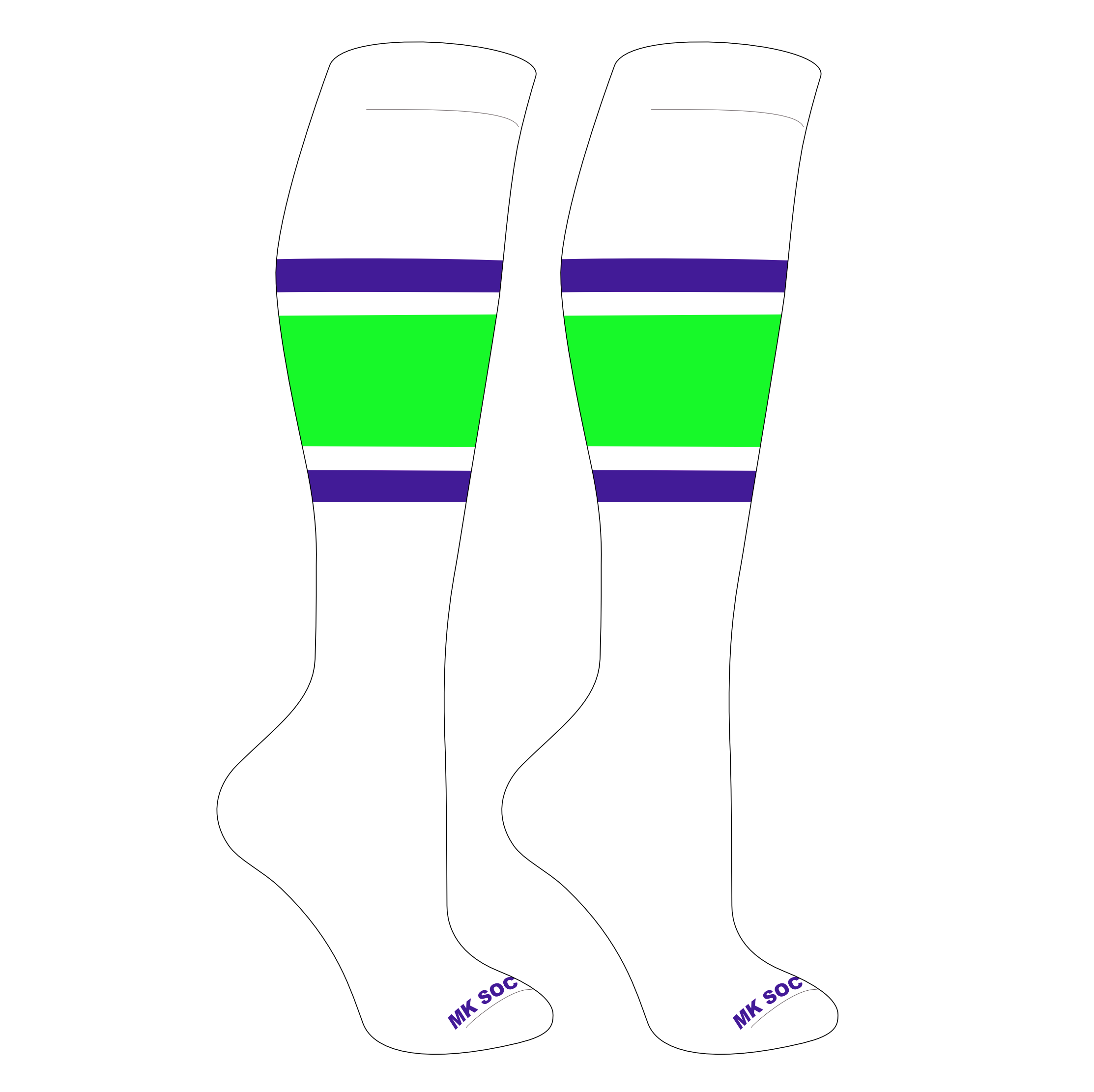 MK Socks Striped Knee High Baseball, Football Socks (B) White, Purple, Neon Green